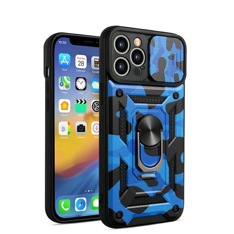 Camouflage Rugged Sliding Lens Protection Case For iPhone with Ring Holder 1