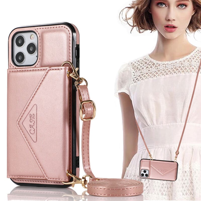 Crossbody Glossy Leather Wallet Case With Strap For iPhone 1