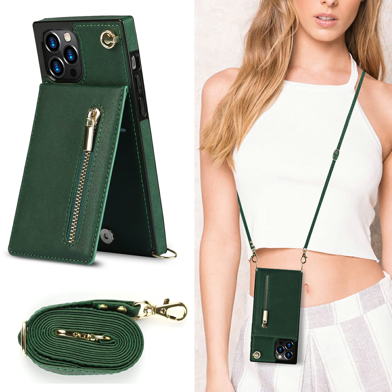 Crossbody Leather Zipper Wallet Case for iPhone With Strap 1