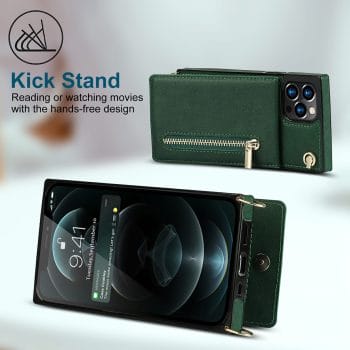 Crossbody Leather Zipper Wallet Case for iPhone With Strap 12