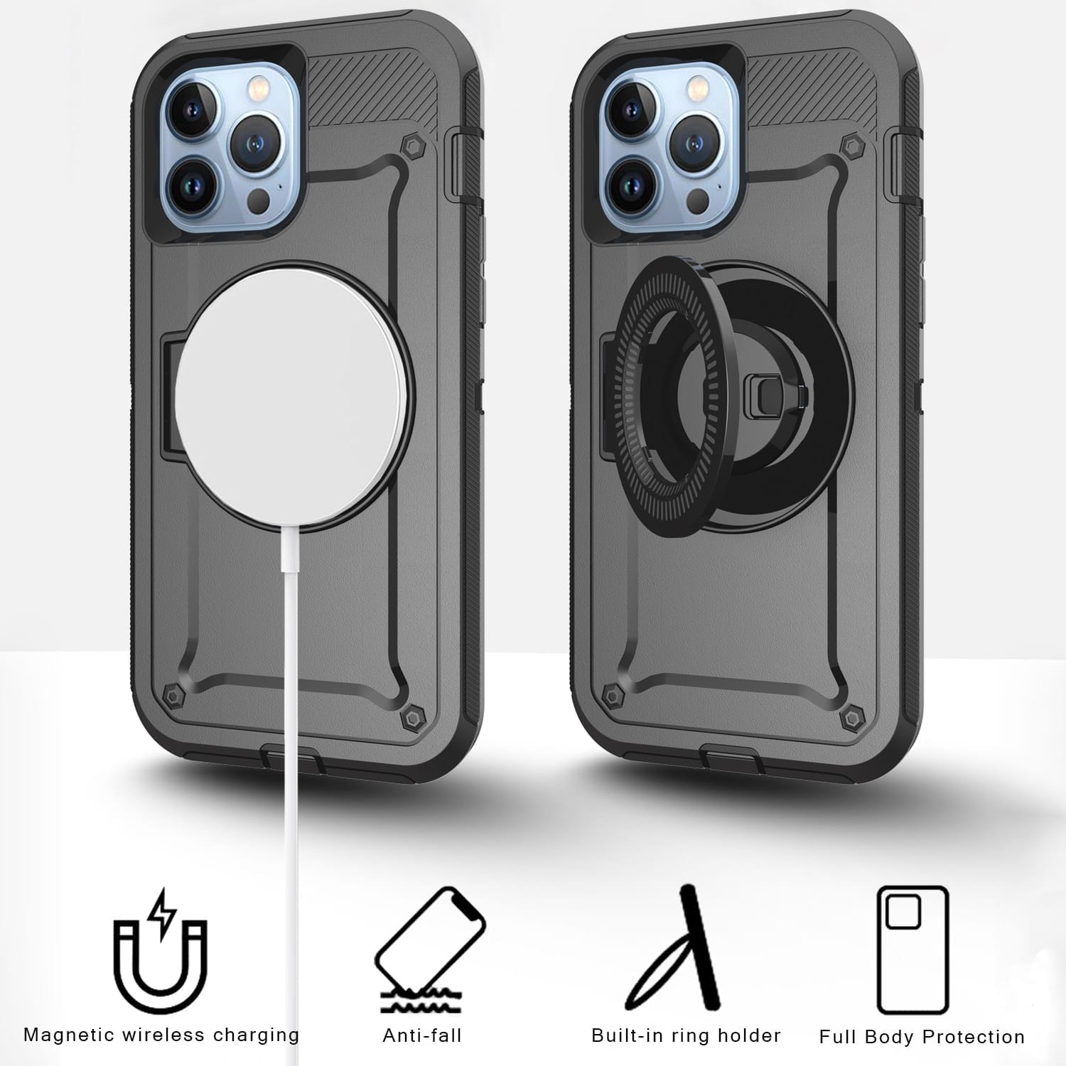 ShockProof Rugged iPhone Case with Magnetic Magsafe Ring Kickstand 2