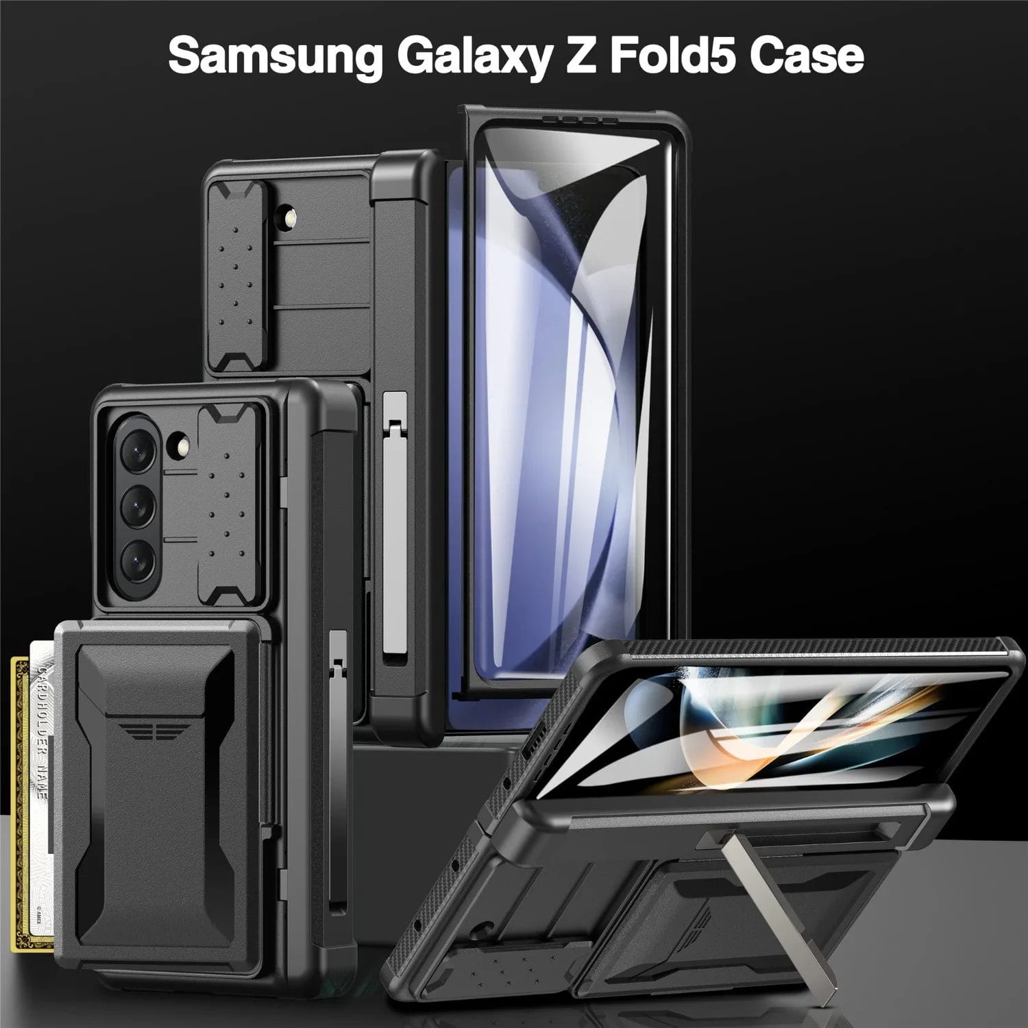 Heavy Duty Z Fold 5 Case With Card Holder Camera Hinge & Screen Protection Kickstand 1