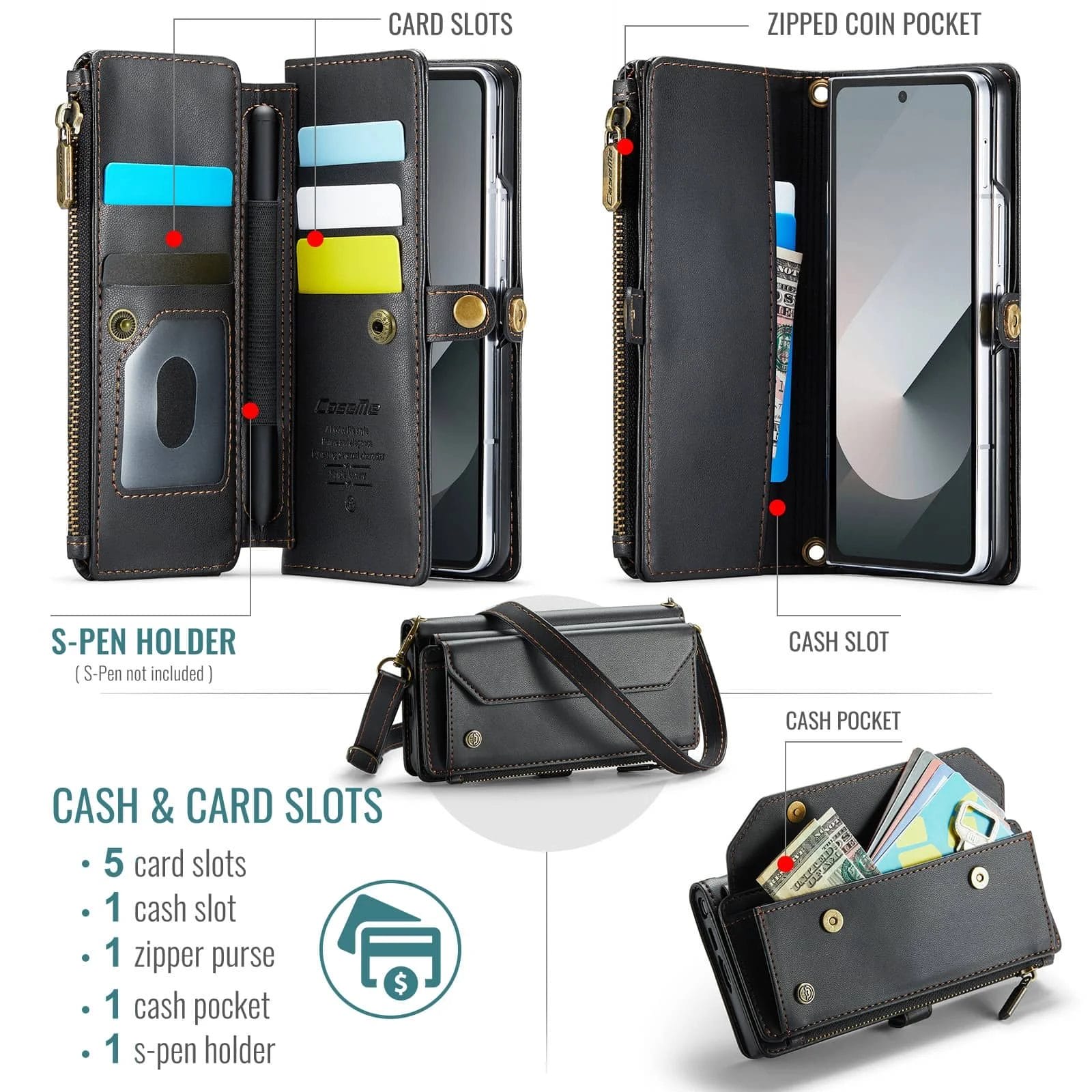 Samsung Z Fold 6 Wallet Case with Pen Holder Slot RFID Blocking Crossbody Wallet Case 4