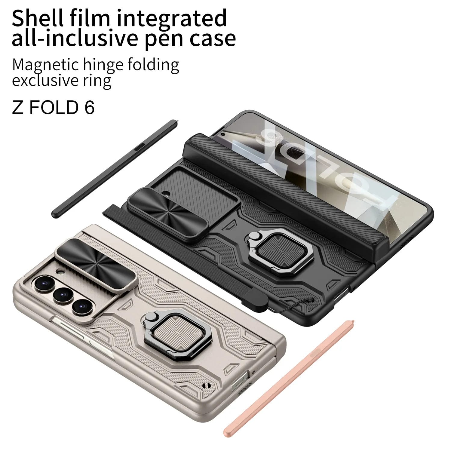 Luxury Shockproof Case For Samsung Galaxy Z Fold 6 with Metal Folding Finger Ring Stand and s pen Holder 3