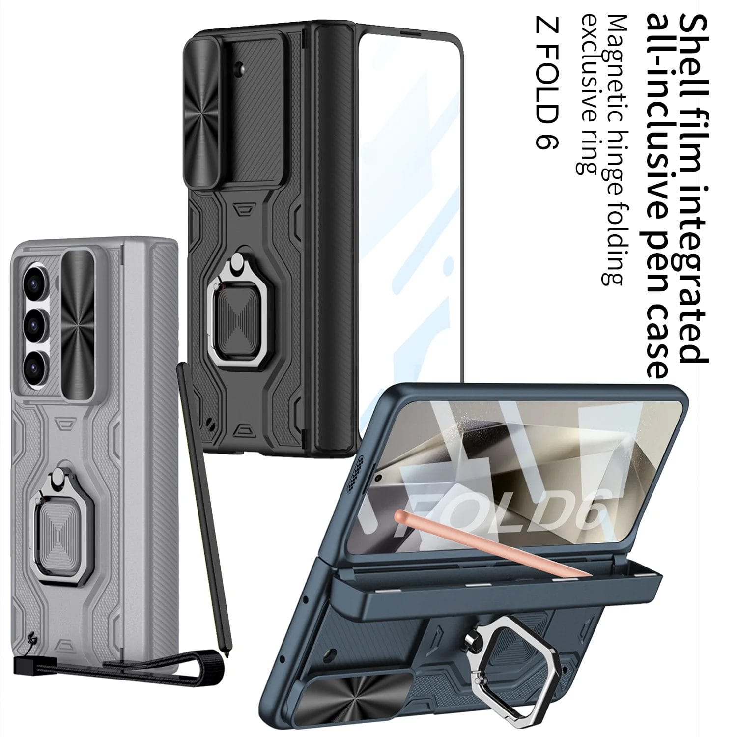 Luxury Shockproof Case For Samsung Galaxy Z Fold 6 with Metal Folding Finger Ring Stand and s pen Holder 6
