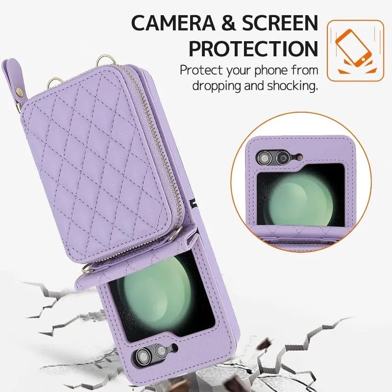 Luxury Leather Zipper Wallet Case For Samsung Galaxy Z Flip Series With Strap 5