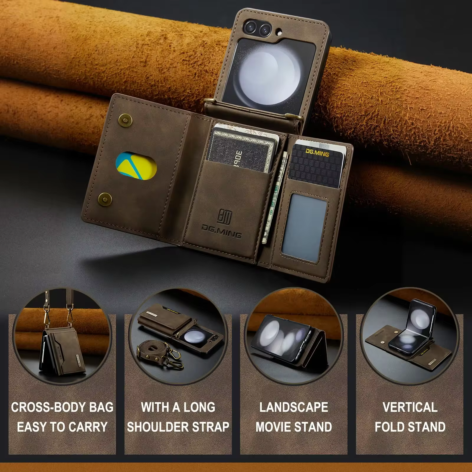 326557-olgvrk.jpg Leather Card Holder Wallet Samsung Galaxy Galaxy Z Flip Series With Removable Shoulder Strap 4