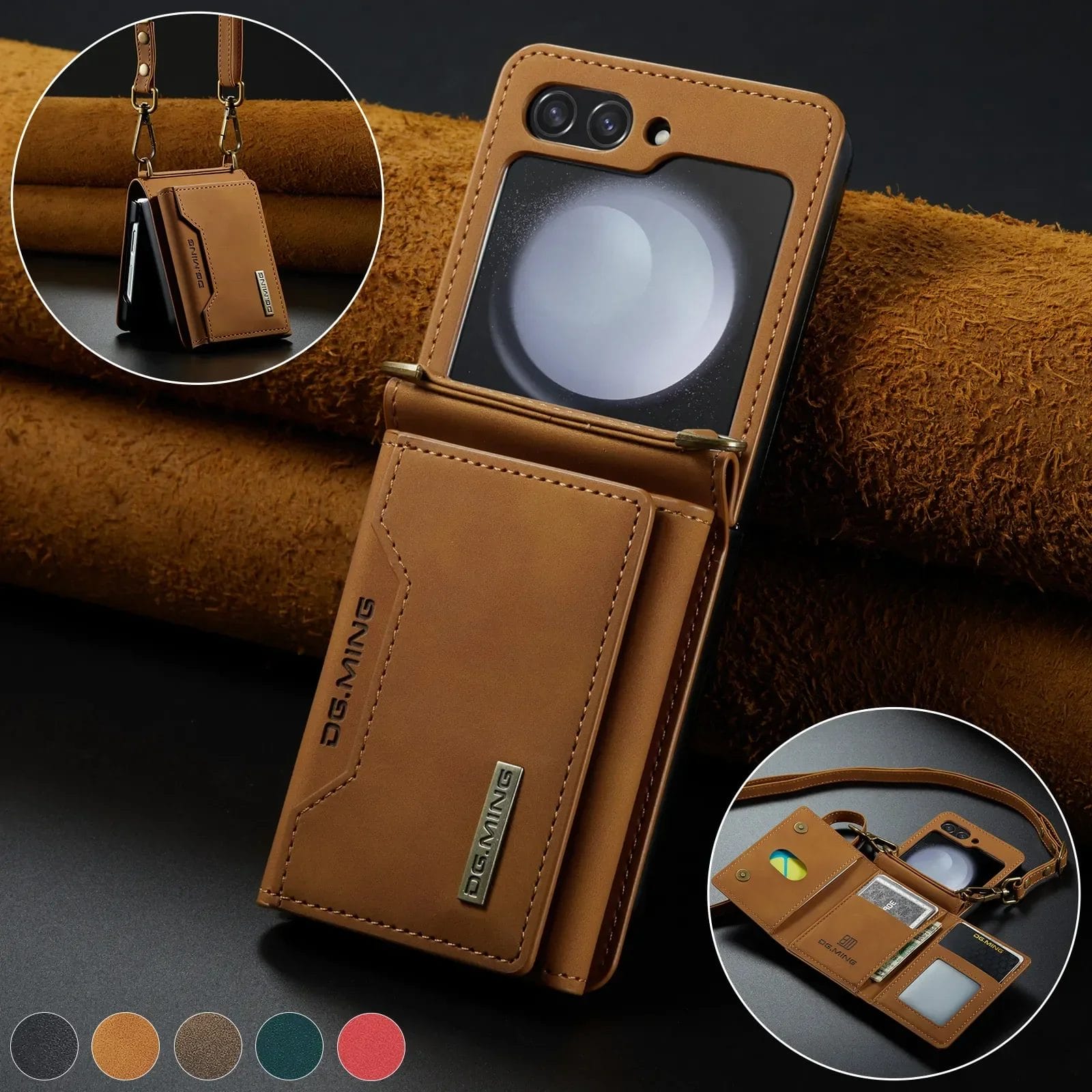 326557-psdssb.jpg Leather Card Holder Wallet Samsung Galaxy Galaxy Z Flip Series With Removable Shoulder Strap 3